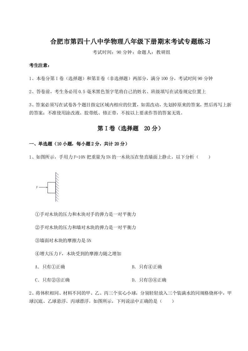 综合解析合肥市第四十八中学物理八年级下册期末考试专题练习试题（含答案解析）