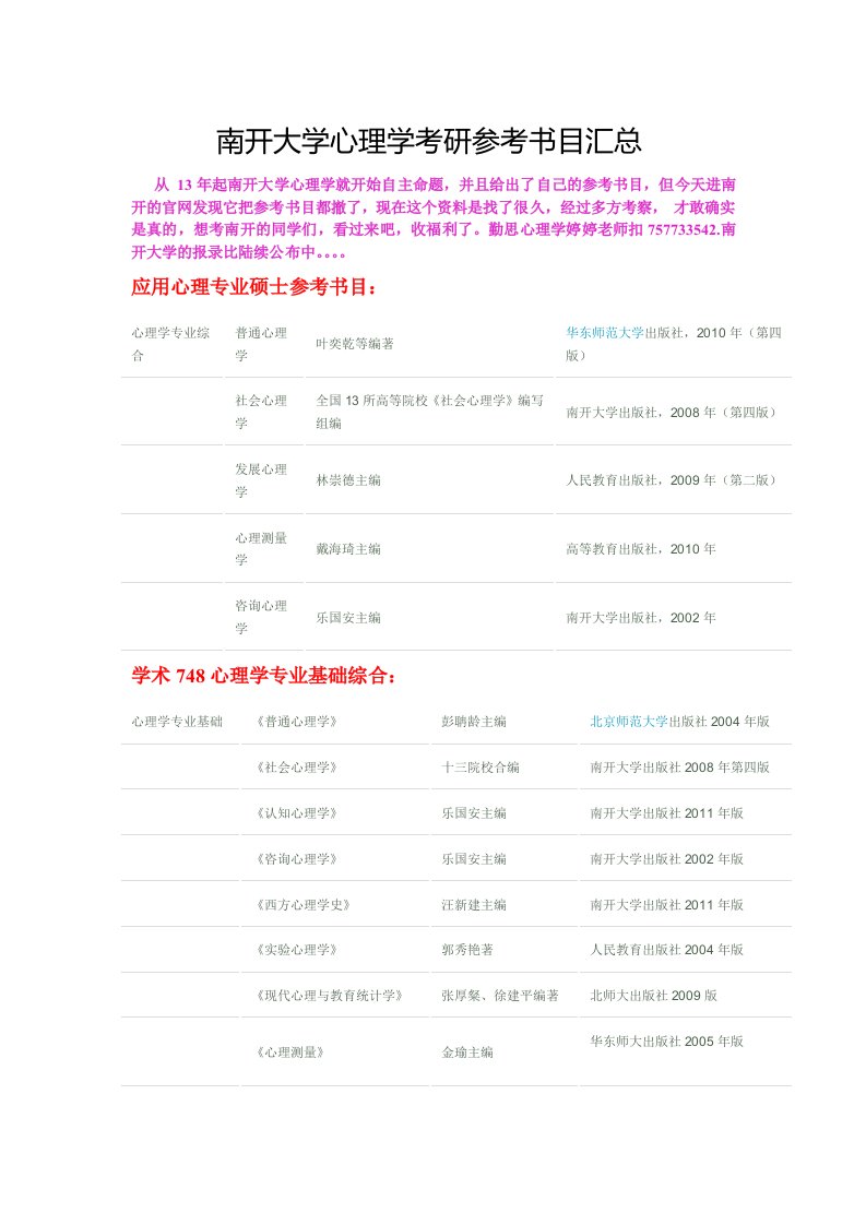 《南开大学心理学考研参考书目汇总.》