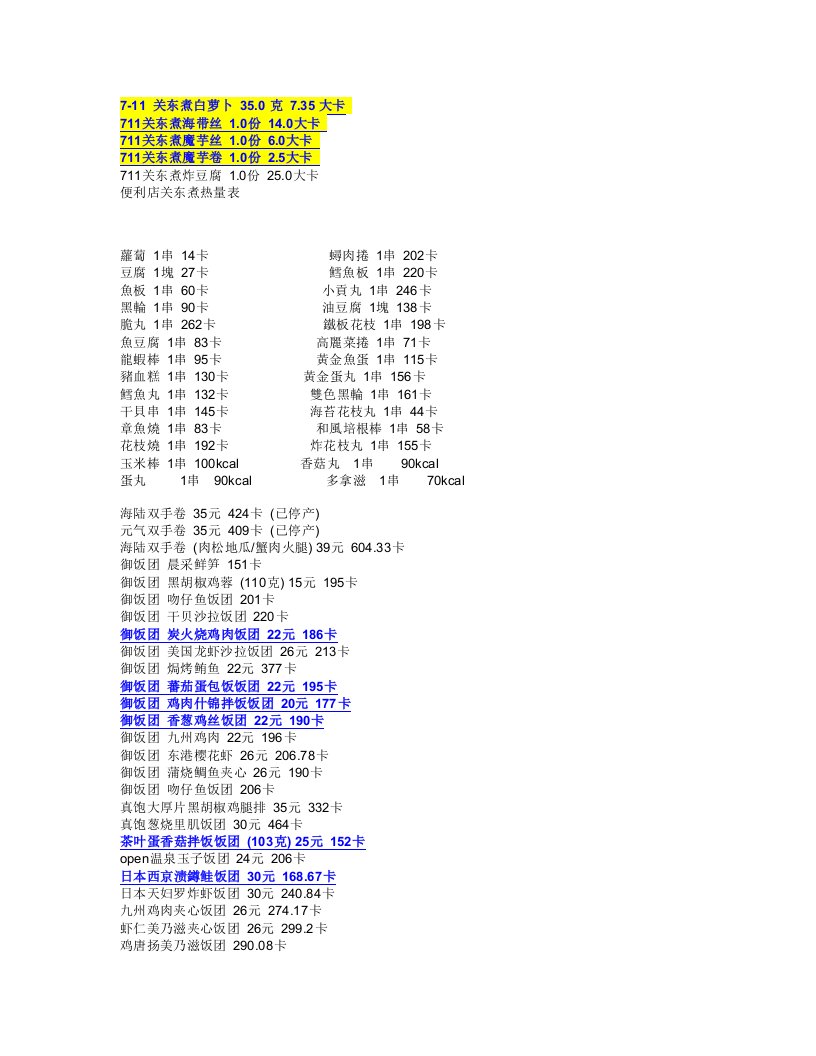 7-11便利店食物热量一览表