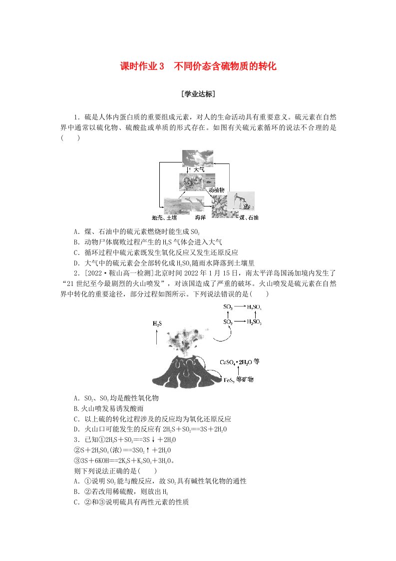 新教材2023版高中化学课时作业3不同价态含硫物质的转化新人教版必修第二册