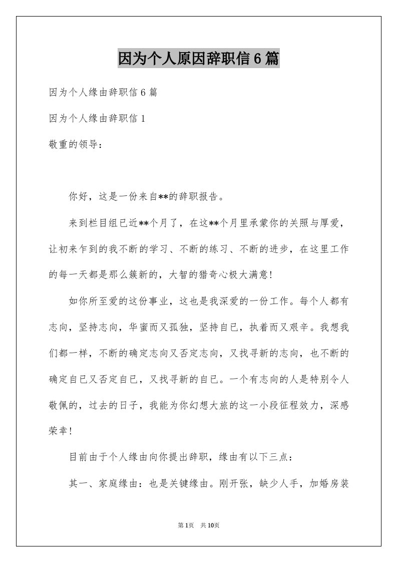 因为个人原因辞职信6篇