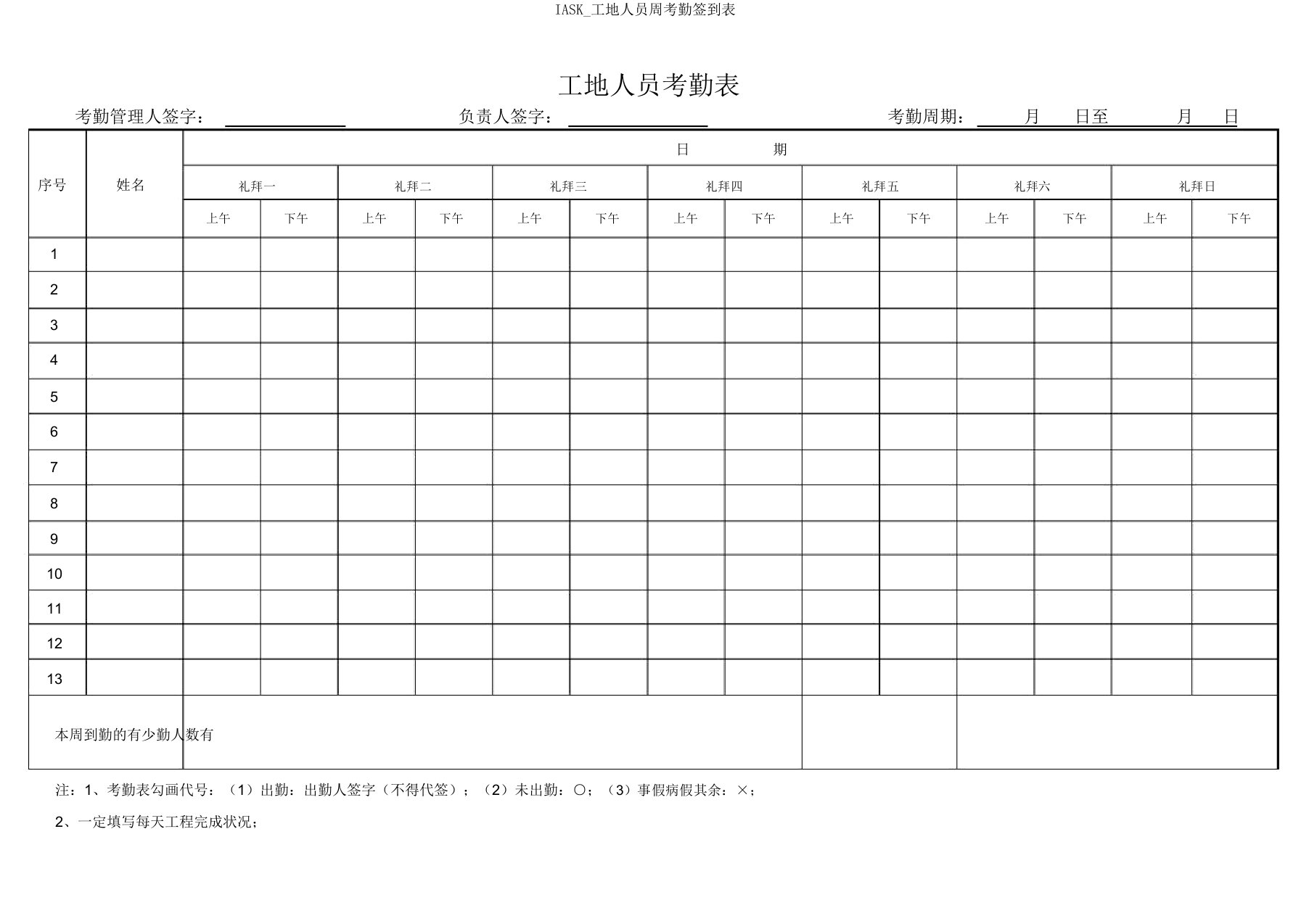 IASK工地人员周考勤签到表