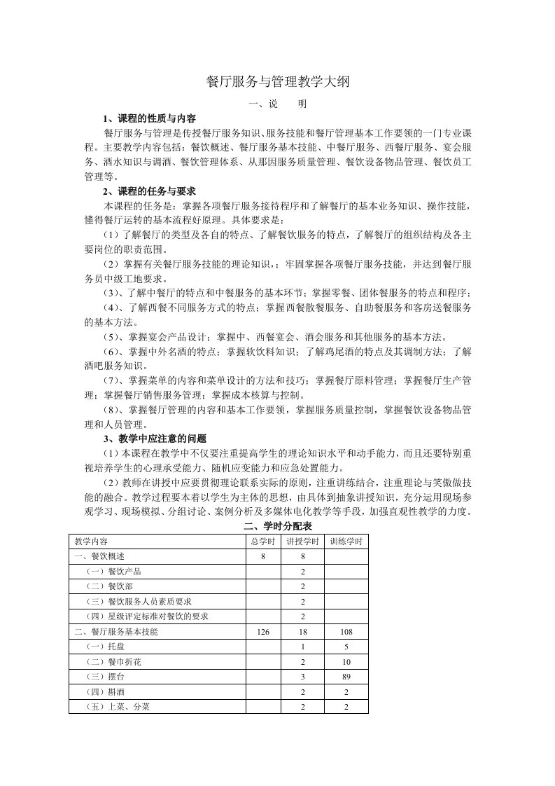 餐厅服务与管理教学大纲