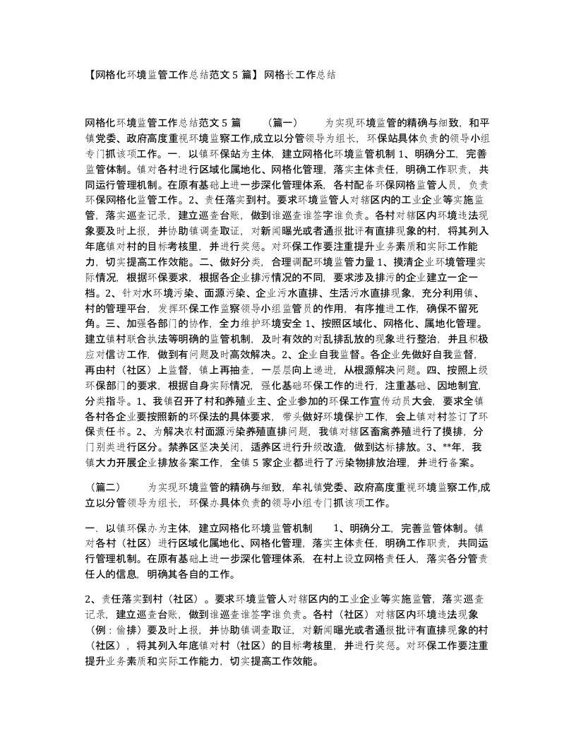 网格化环境监管工作总结范文5篇网格长工作总结