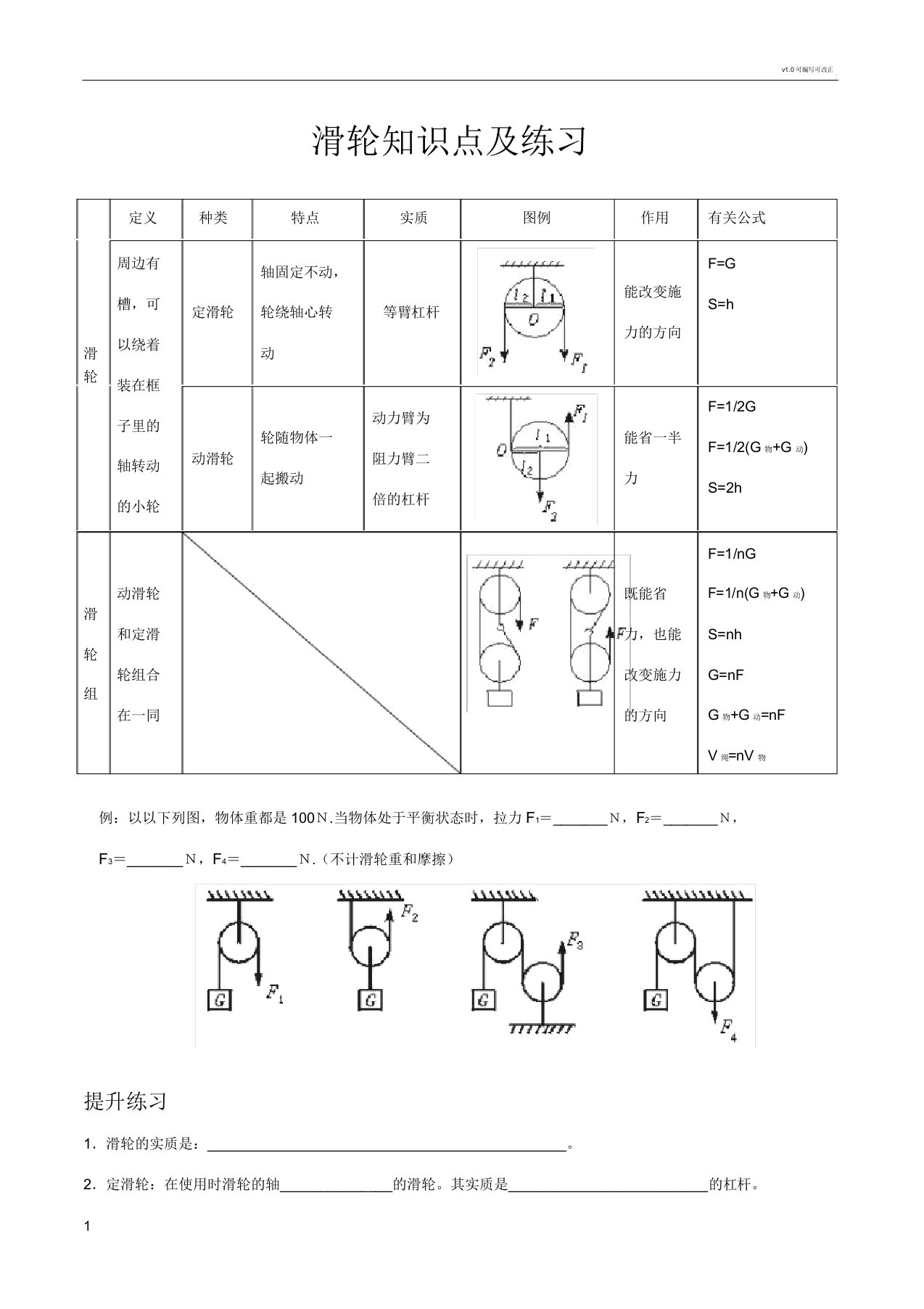 八年级下滑轮知识点及练习9421