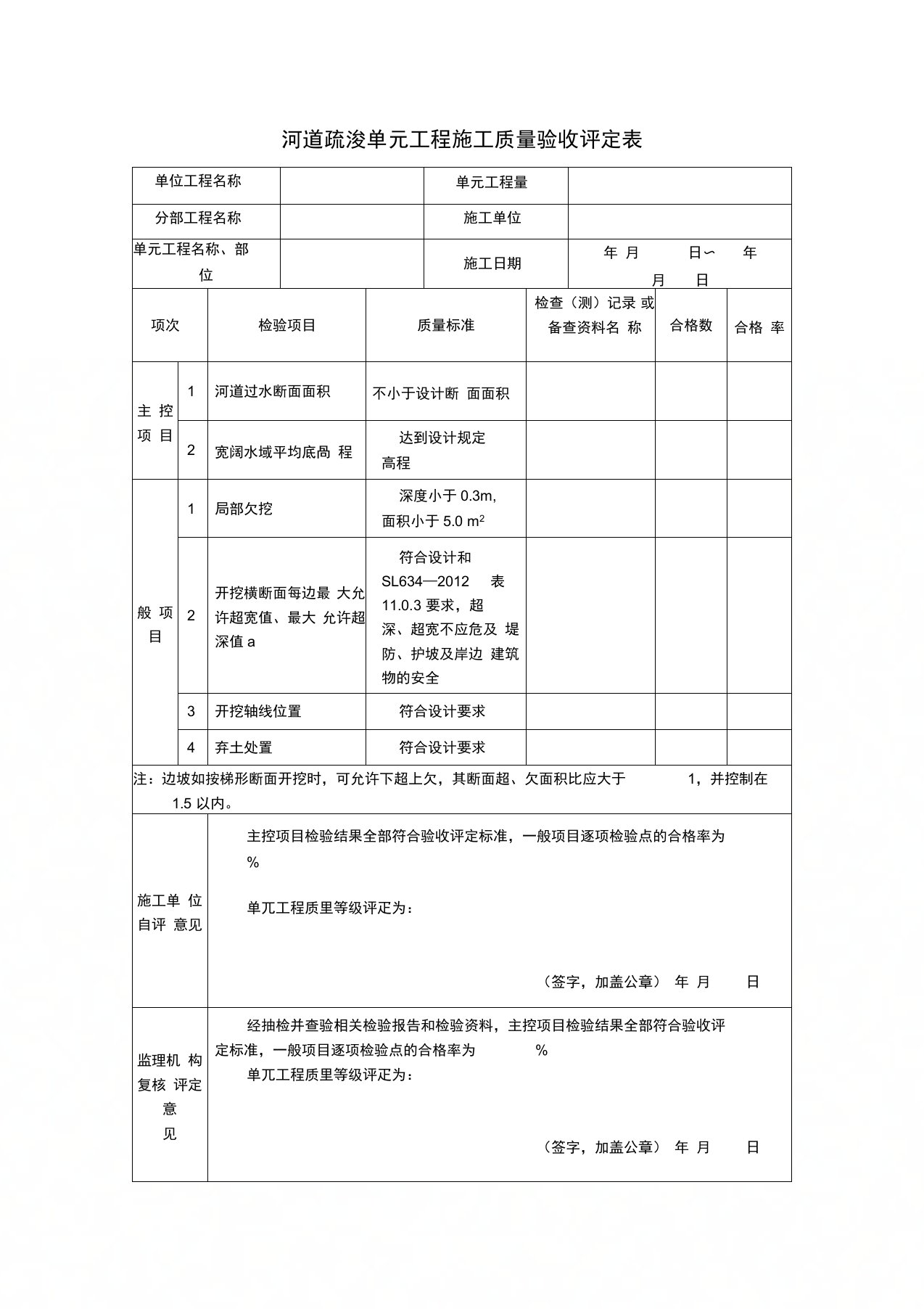 河道疏浚单元工程施工质量验收评定表