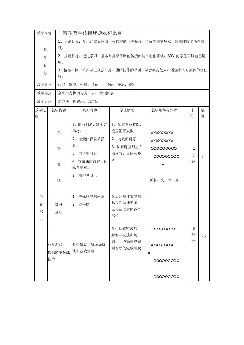 教学内容篮球双手传接球游戏和比赛