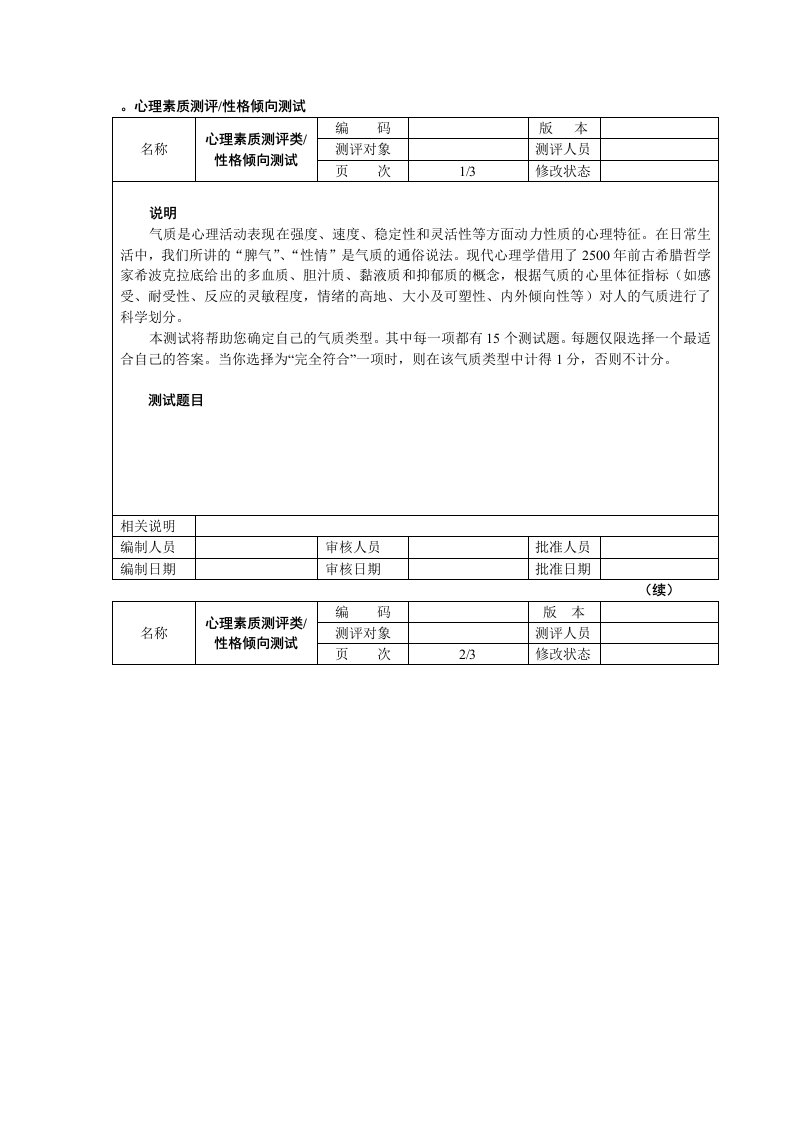 气质类型测试(多血质、胆汁质、粘液质、抑郁质)