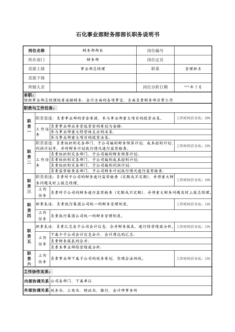 石化事业部财务部部长职务说明书