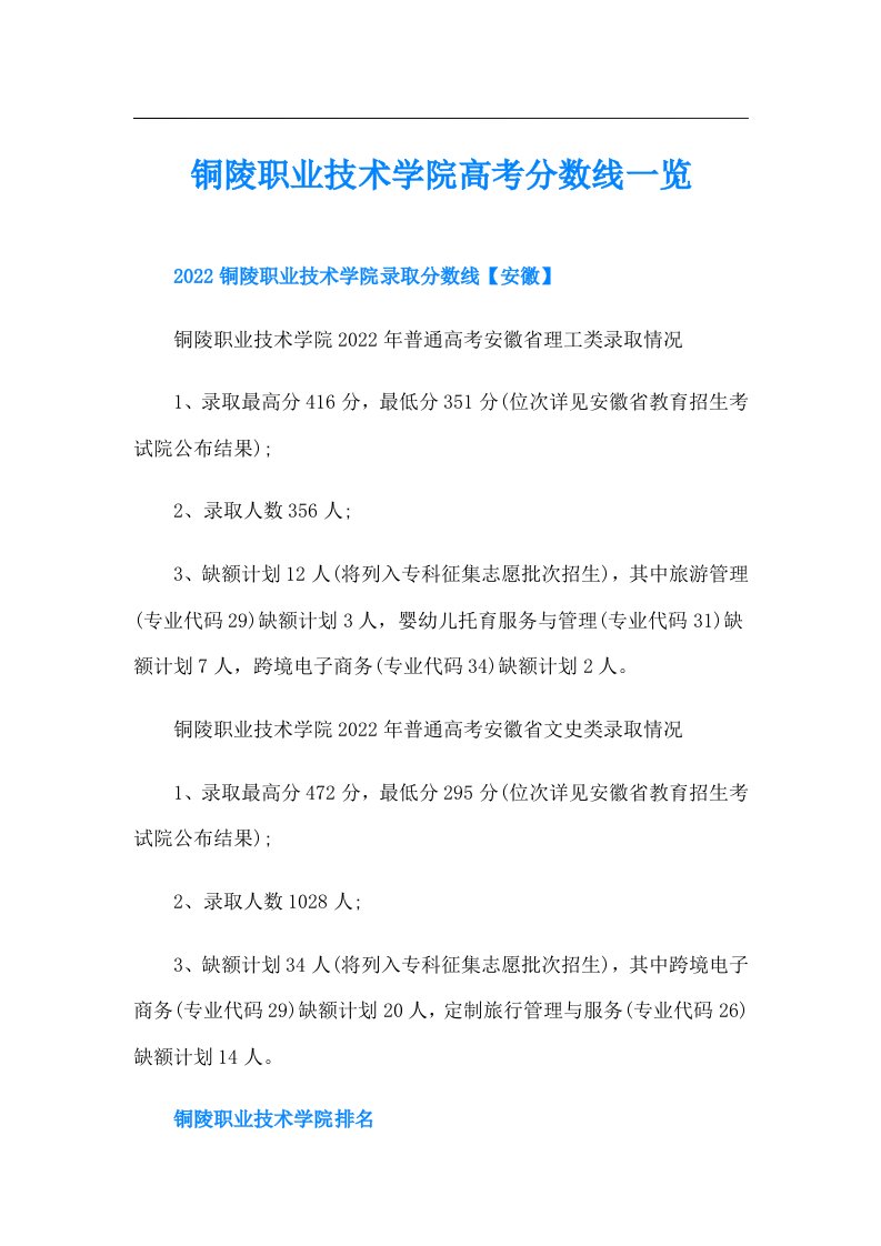 铜陵职业技术学院高考分数线一览