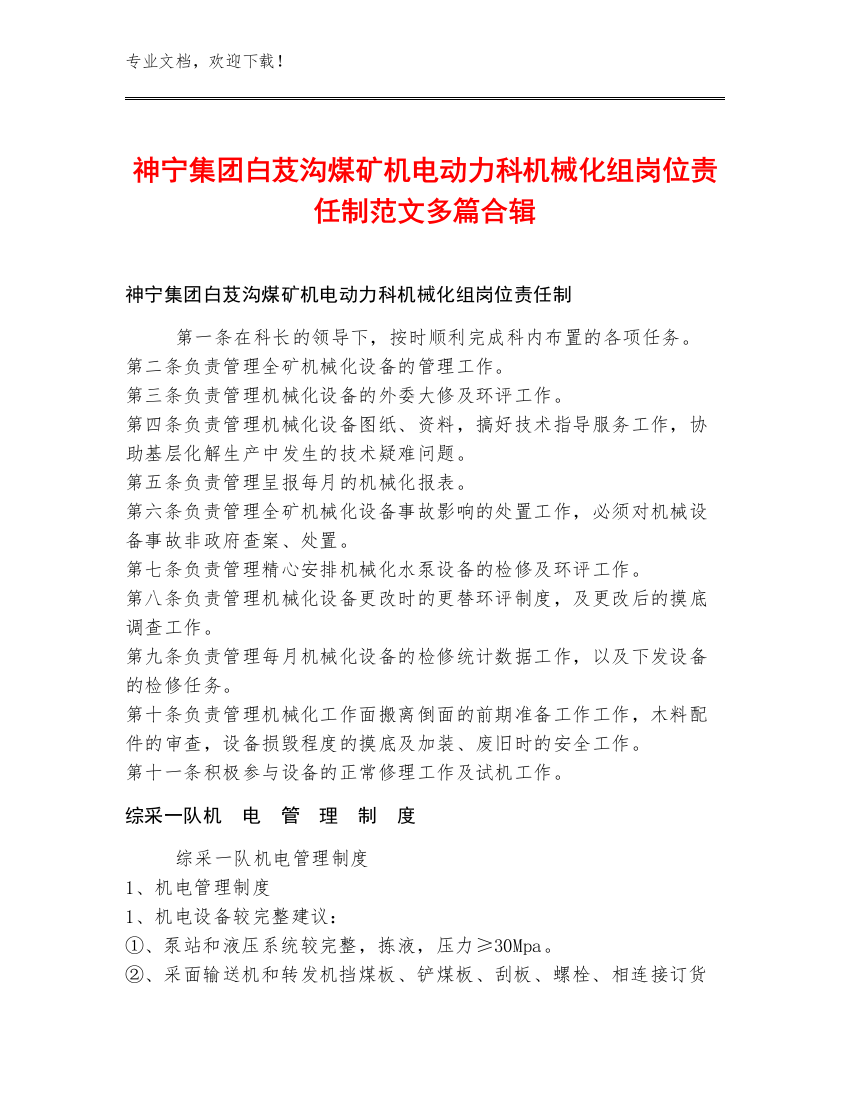 神宁集团白芨沟煤矿机电动力科机械化组岗位责任制范文多篇合辑