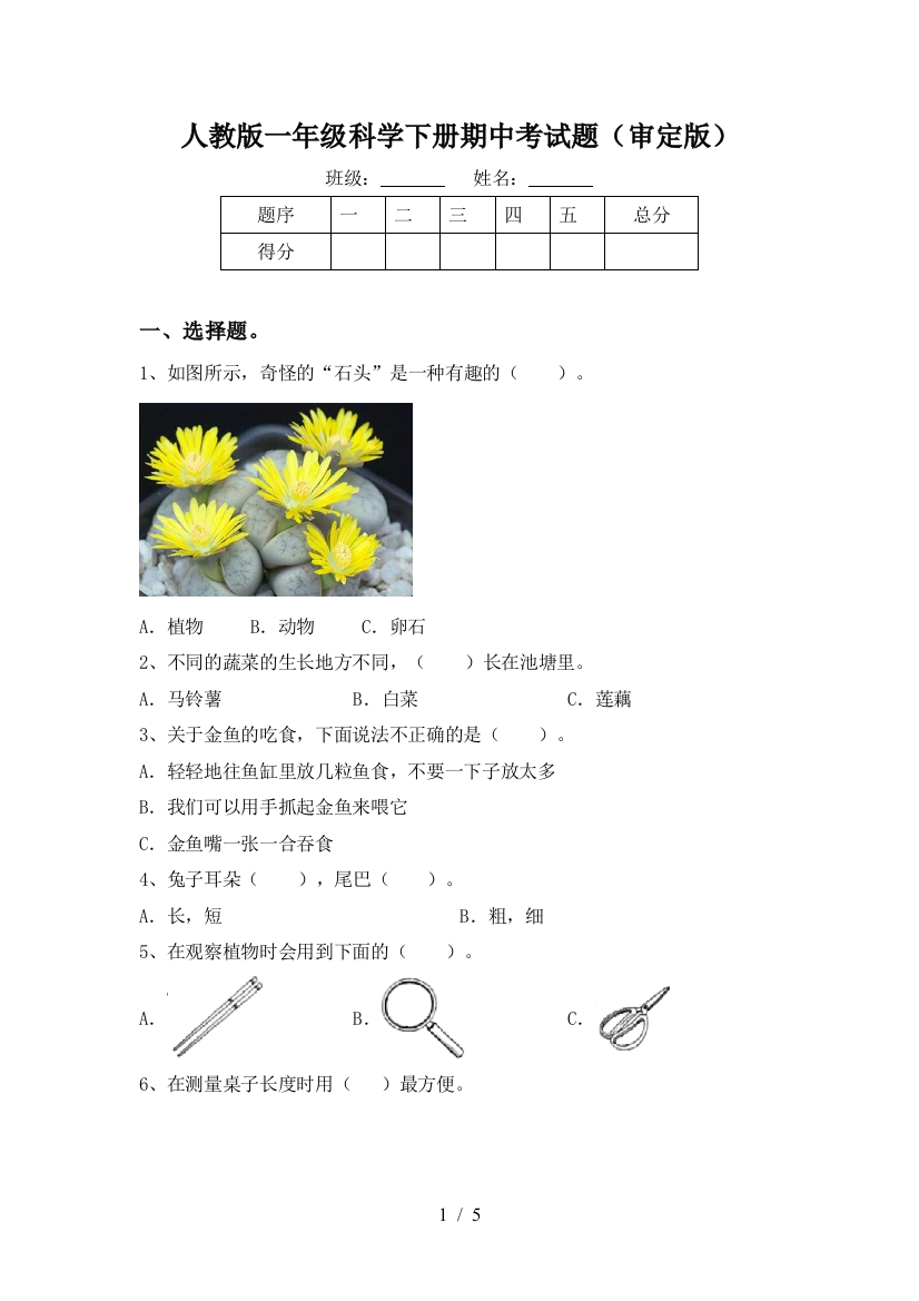 人教版一年级科学下册期中考试题(审定版)