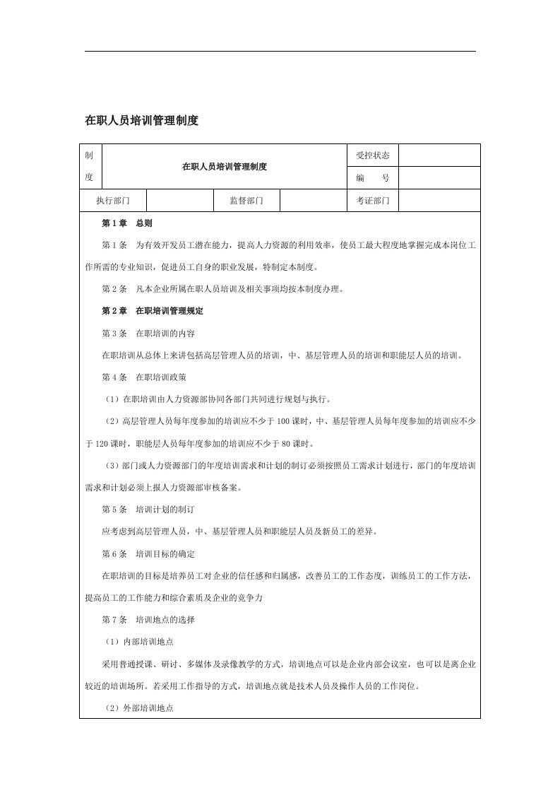 【管理精品】在职人员培训管理制度