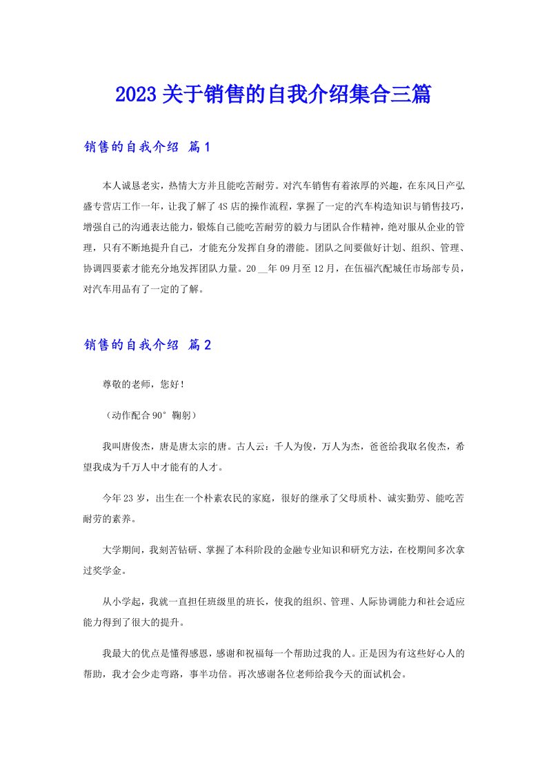 2023关于销售的自我介绍集合三篇