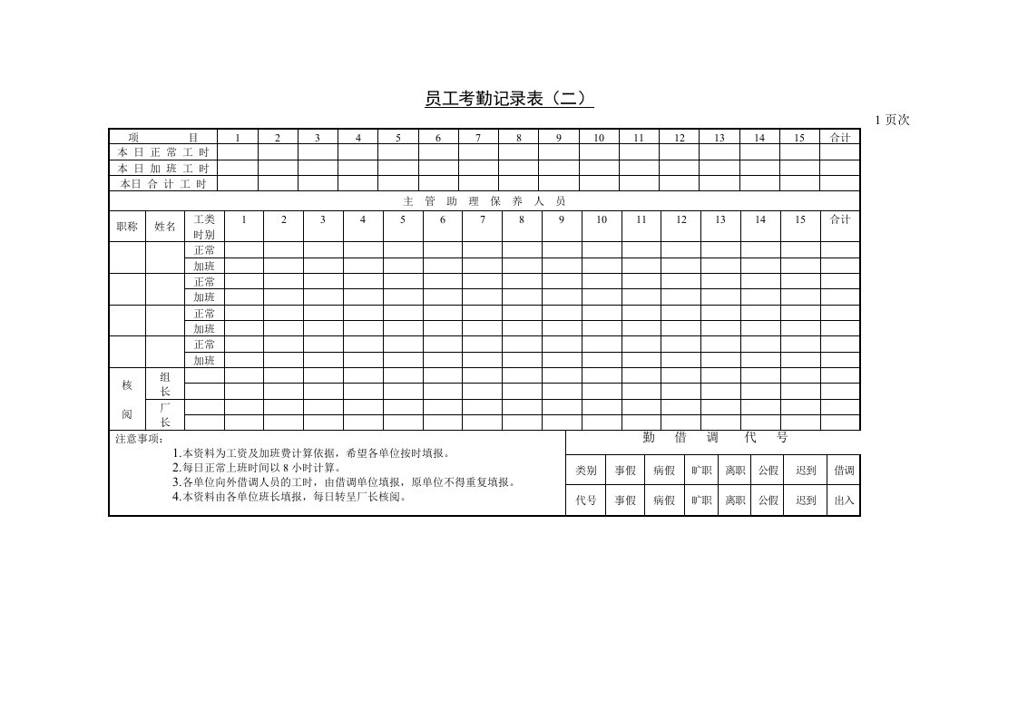 精选员工考勤记录表二