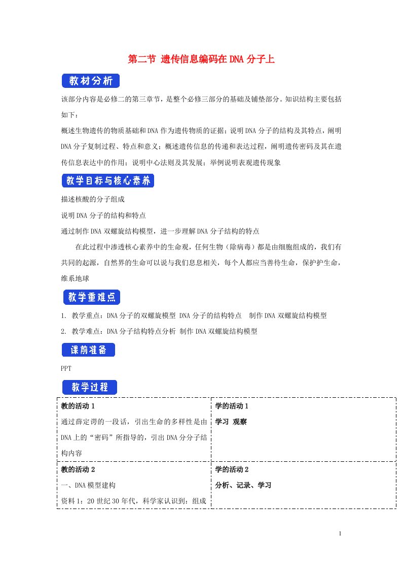 2020_2021学年新教材高中生物第三章遗传的分子基础第二节遗传信息编码在DNA分子上教案1浙科版必修2