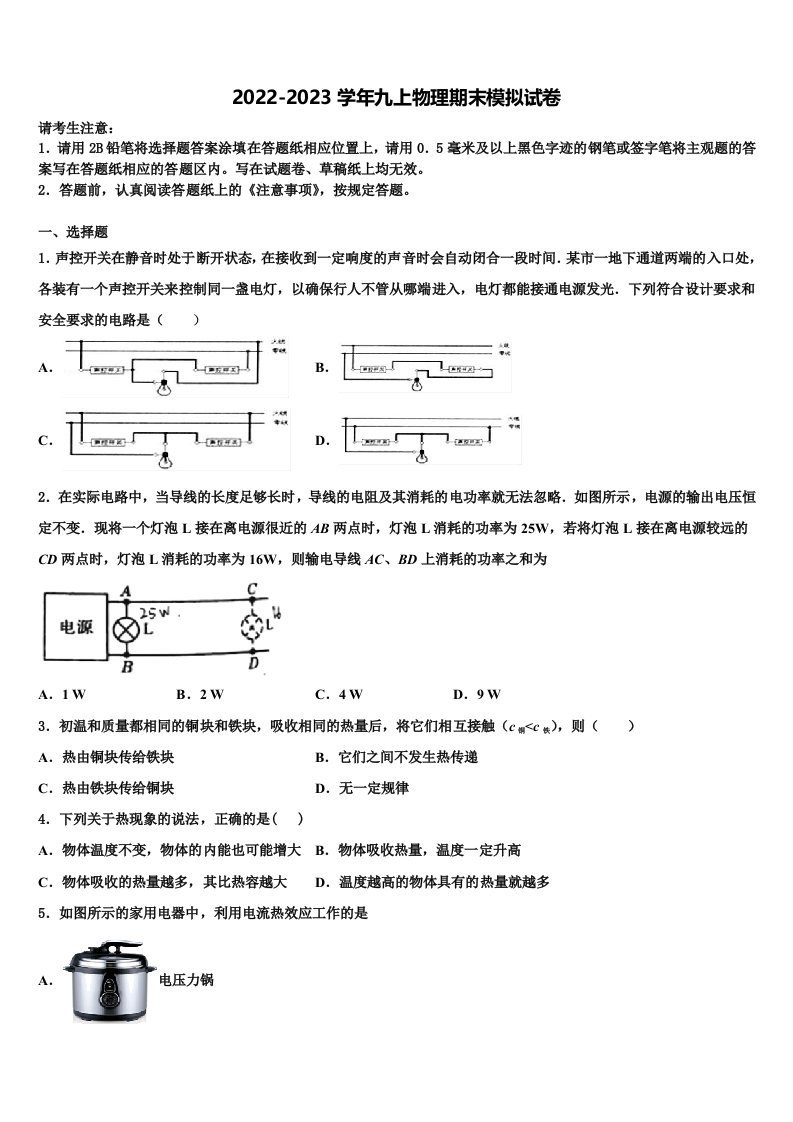 林芝2022-2023学年物理九年级第一学期期末质量跟踪监视试题含解析