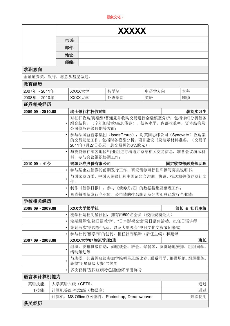 应聘金融证券类简历模板2