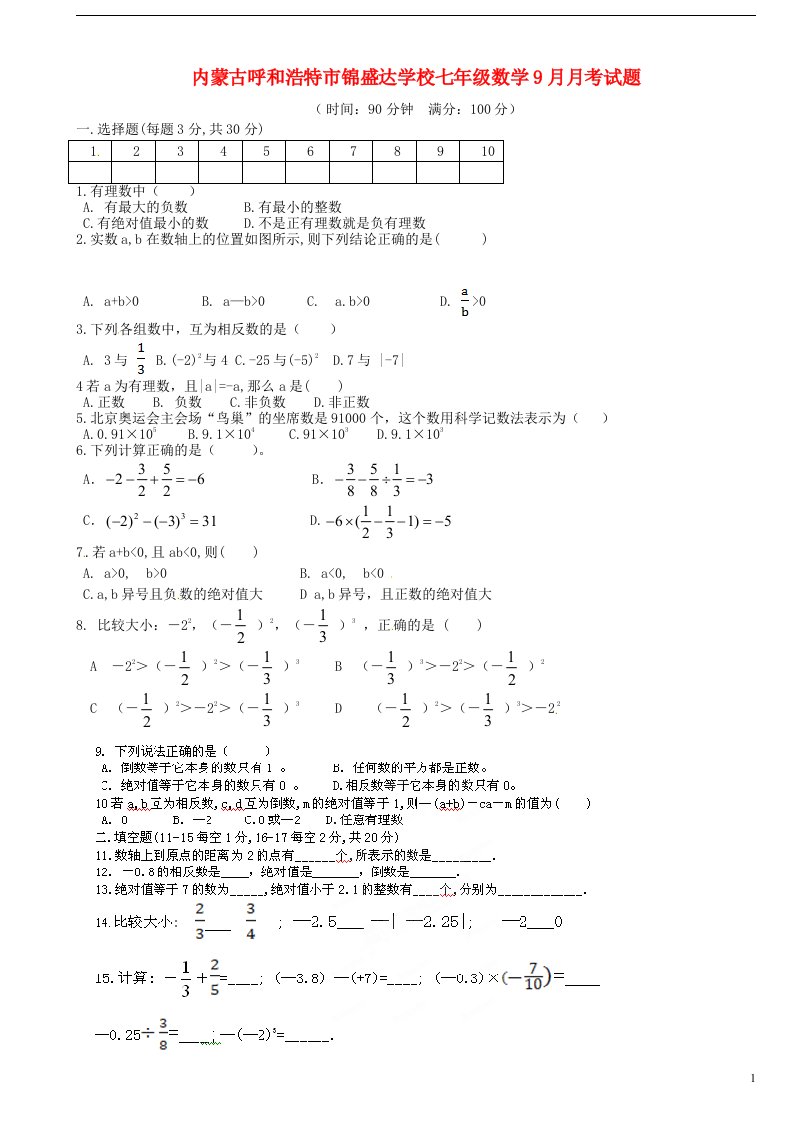 内蒙古呼和浩特市锦盛达学校七级数学9月月考试题（无答案）