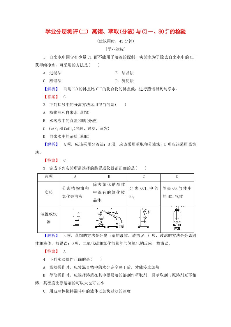 高中化学第一章从实验学化学学业分层测评2蒸馏萃取(分液)与Cl－SO2－4的检验新人教版