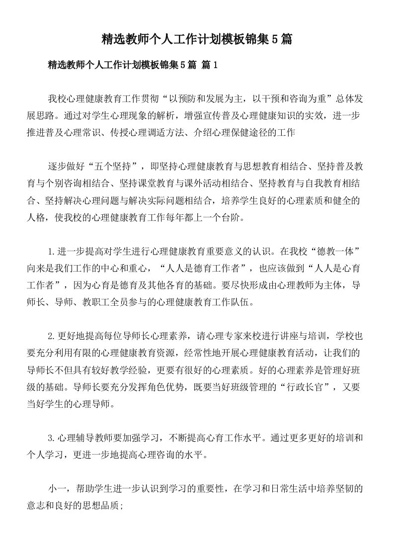 精选教师个人工作计划模板锦集5篇