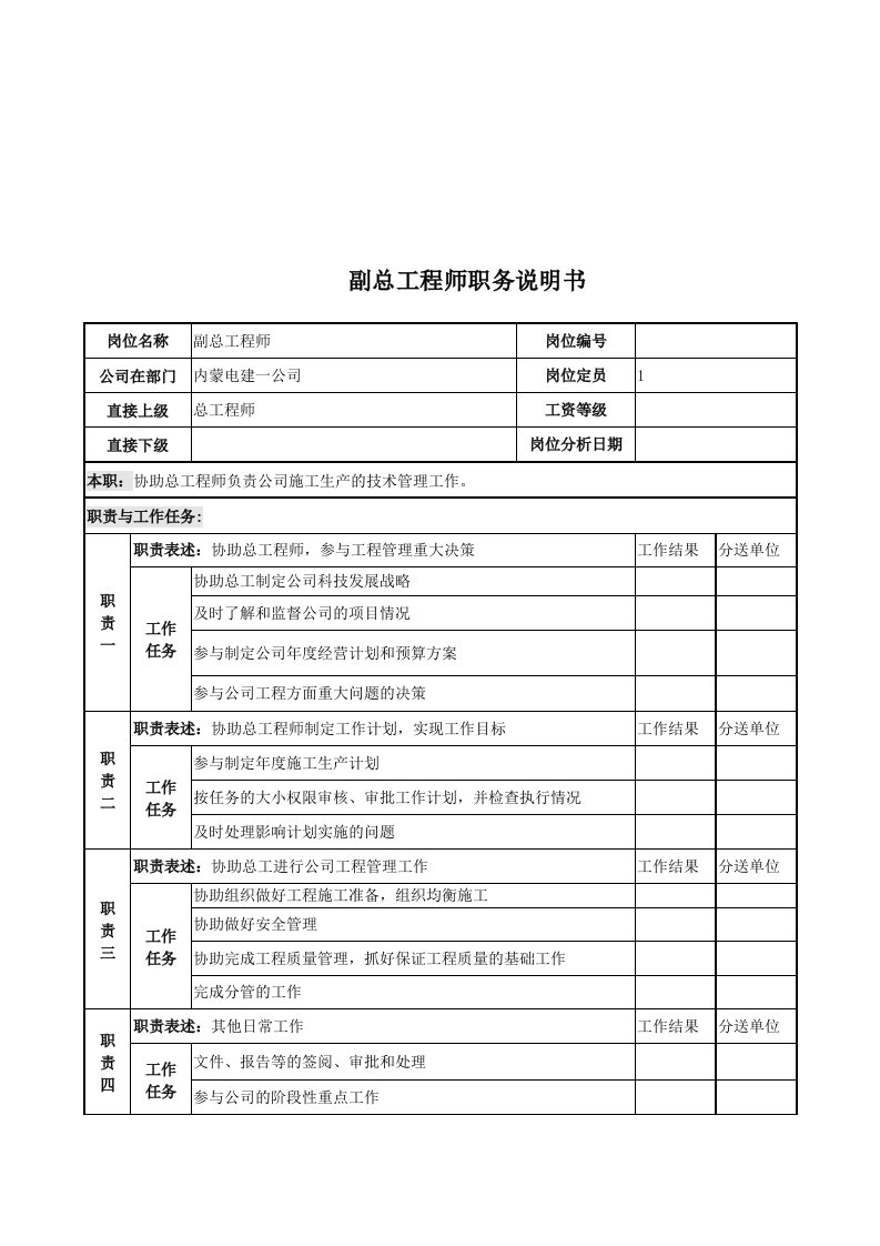 电力公司副总工程师岗位说明书