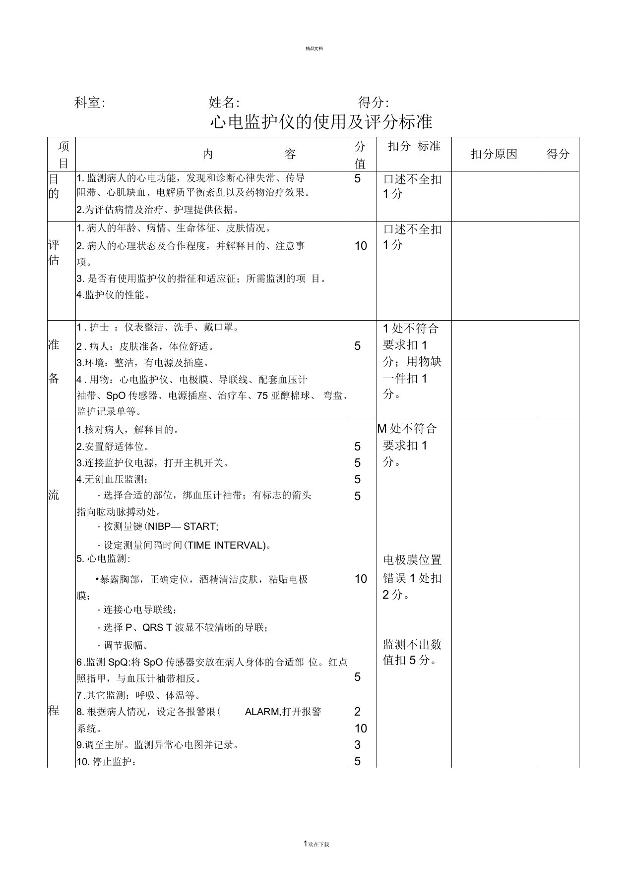 心电监护仪的使用及评分标准