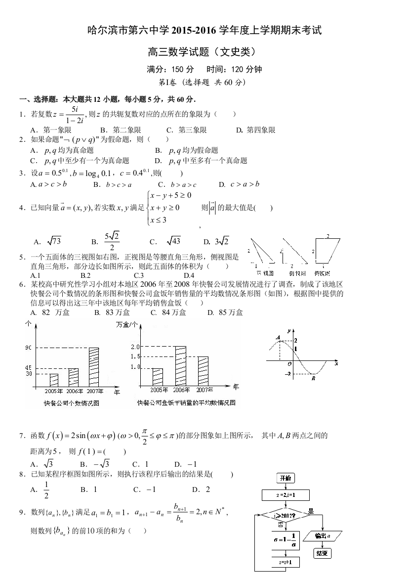 【小学中学教育精选】哈六中2015-2016学年高三数学（文）期末试题及答案