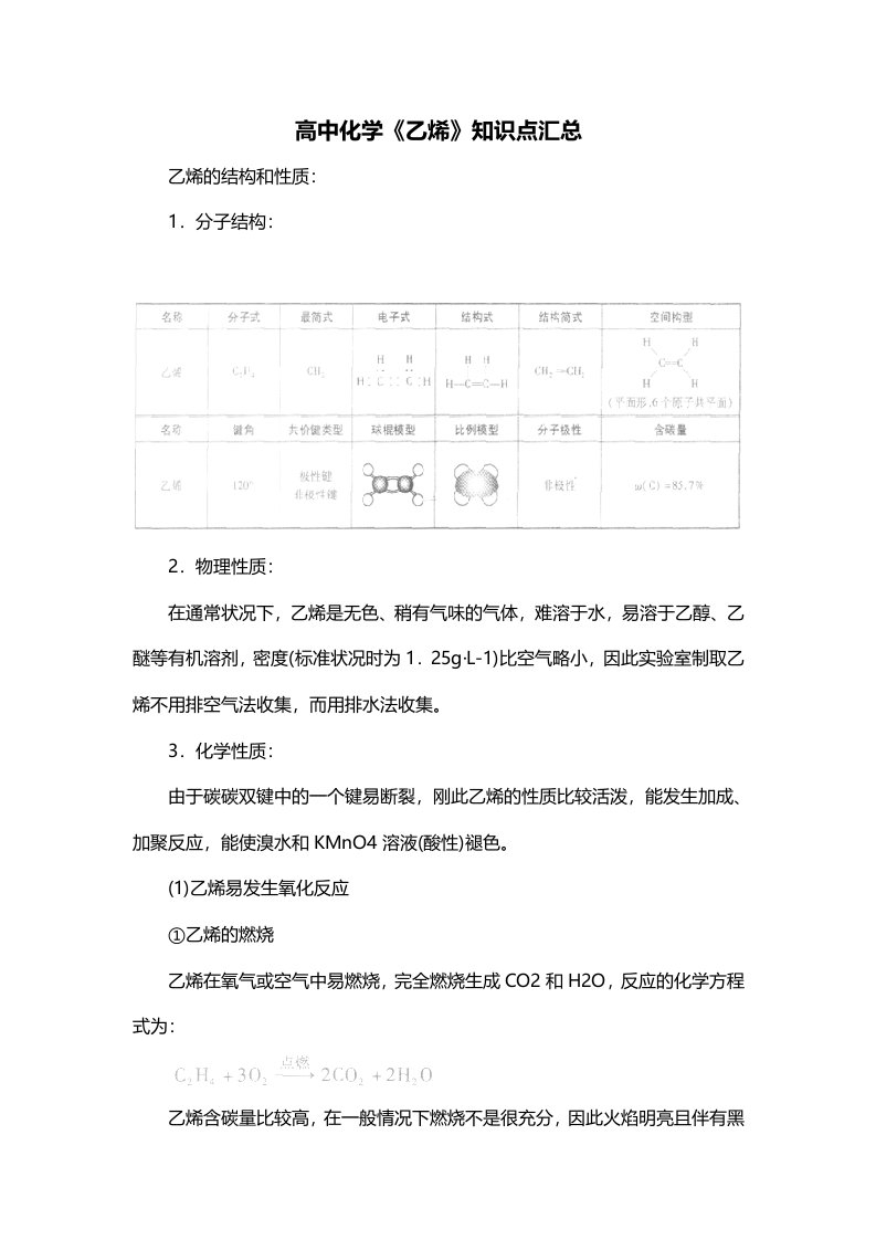 高中化学乙烯知识点汇总