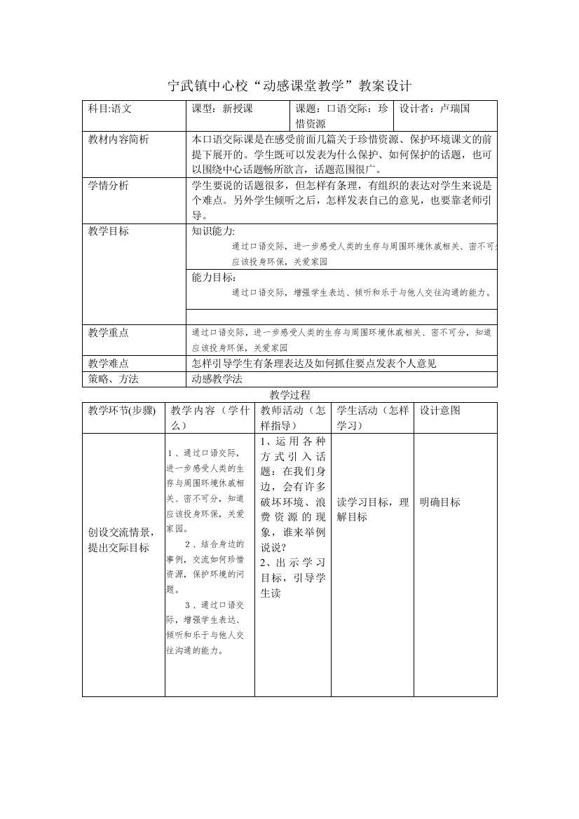 六年级第四单元口语交际：珍惜资源___保护环境