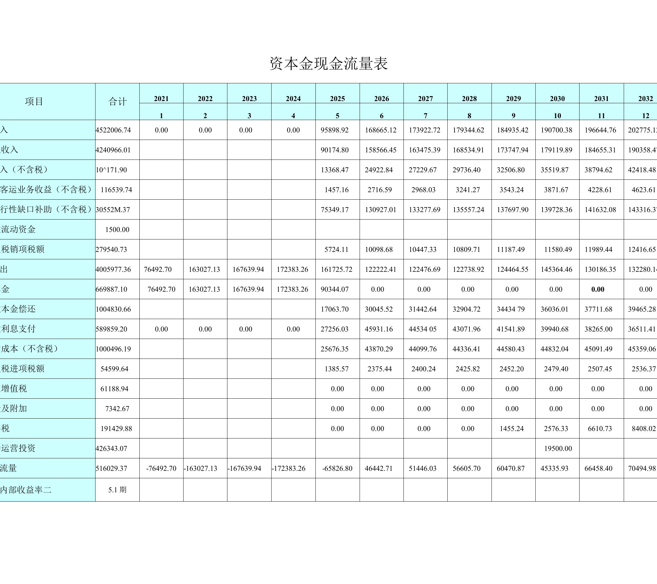 资本金现金流量表