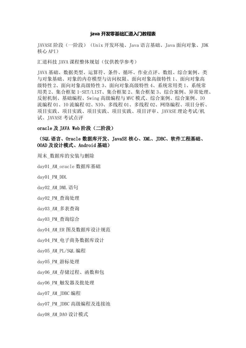 java开发零基础汇道入门教程表