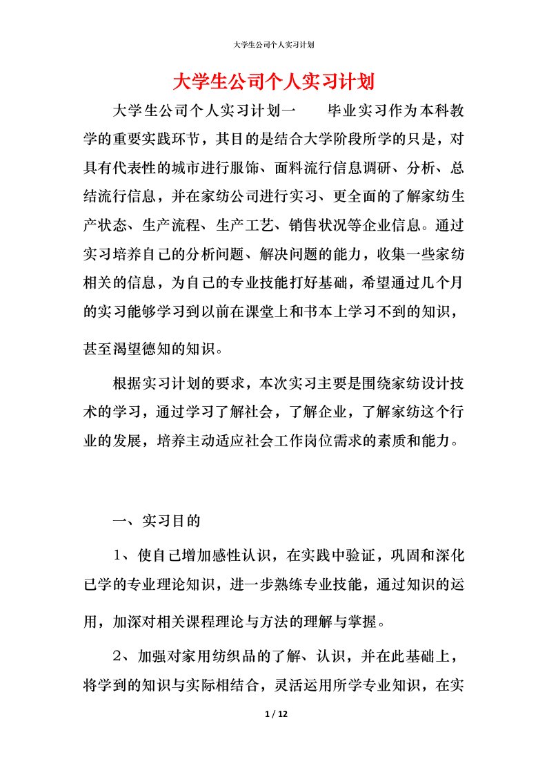 精编大学生公司个人实习计划