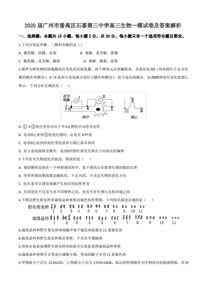 2020届广州市番禺区石碁第三中学高三生物一模试卷及答案解析