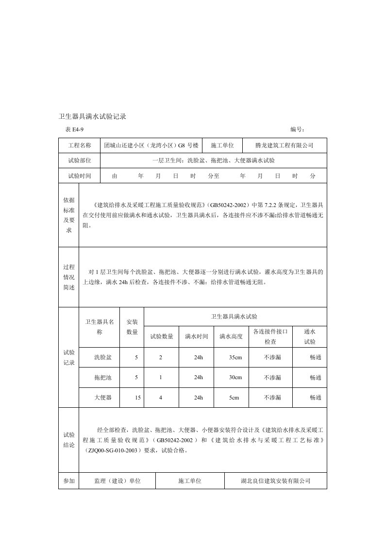 卫生器具满水试验记录