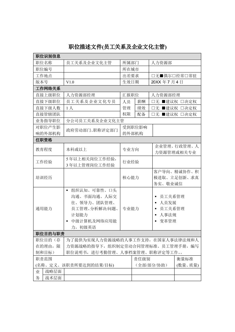 企业文化-员工关系及企业文化主管岗位说明书