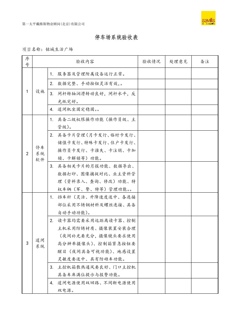 停车场系统验收明细表