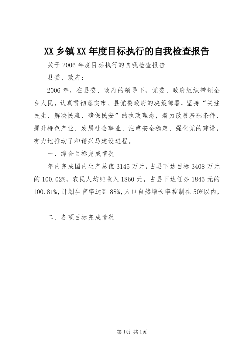 XX乡镇XX年度目标执行的自我检查报告