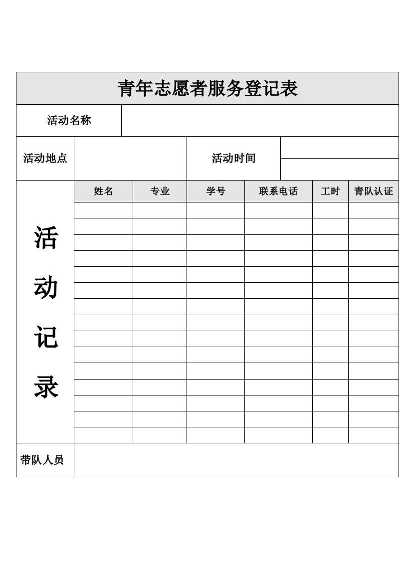 3)志愿者服务工时登记表