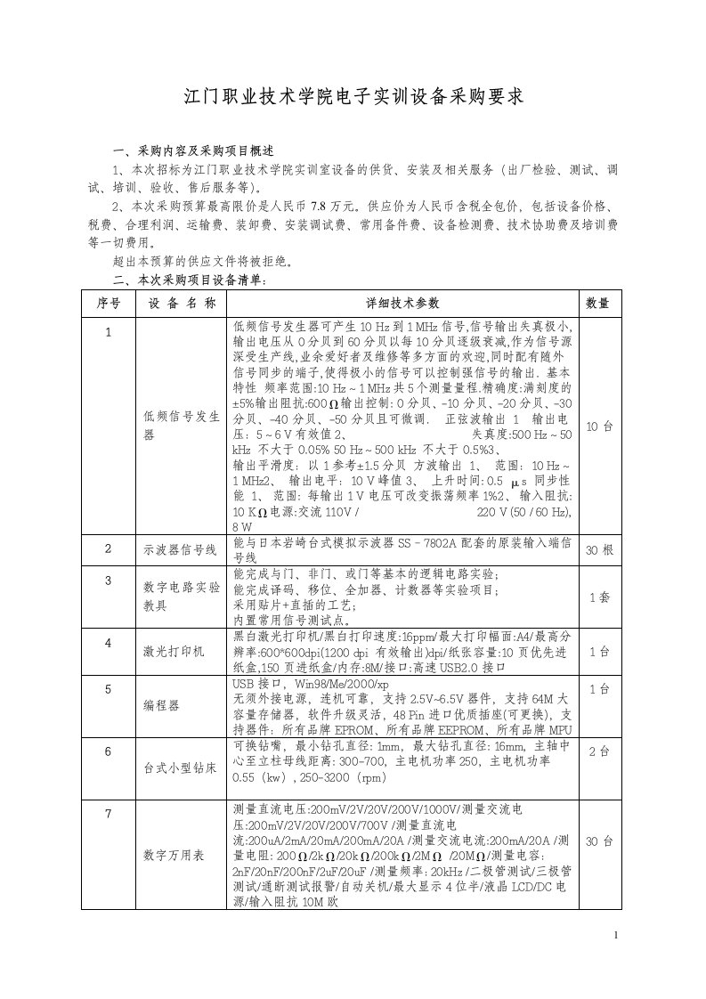 江门职业技术学院电子实训设备采购要求