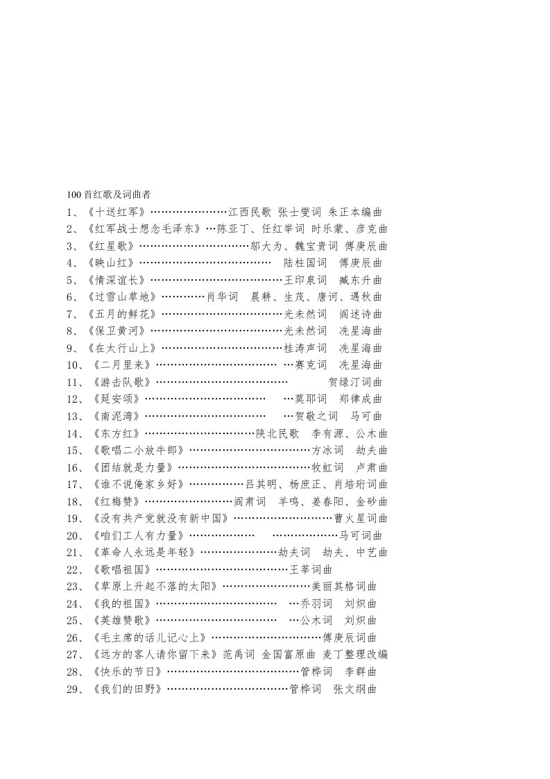 100首红歌及词曲者