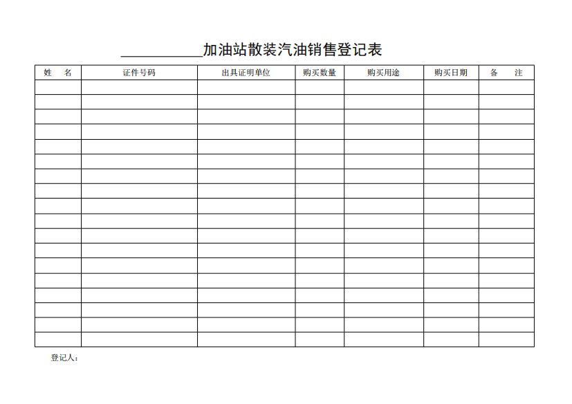 加油站散装汽油销售登记表