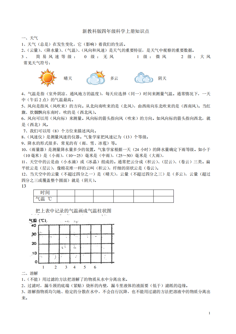 新教科版四年级科学上册科学知识点