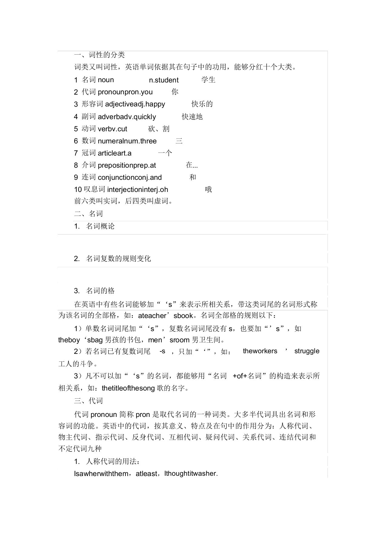 英语词性分类及用法详述