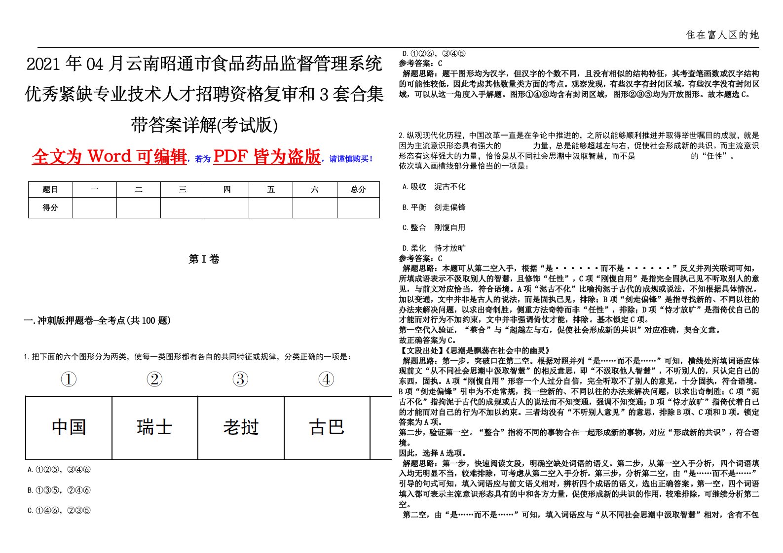 2021年04月云南昭通市食品药品监督管理系统优秀紧缺专业技术人才招聘资格复审和3套合集带答案详解(考试版)