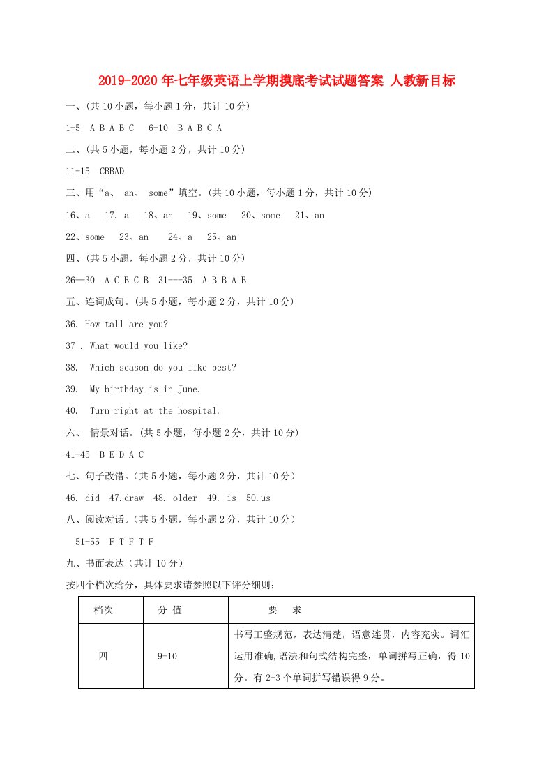 2019-2020年七年级英语上学期摸底考试试题答案