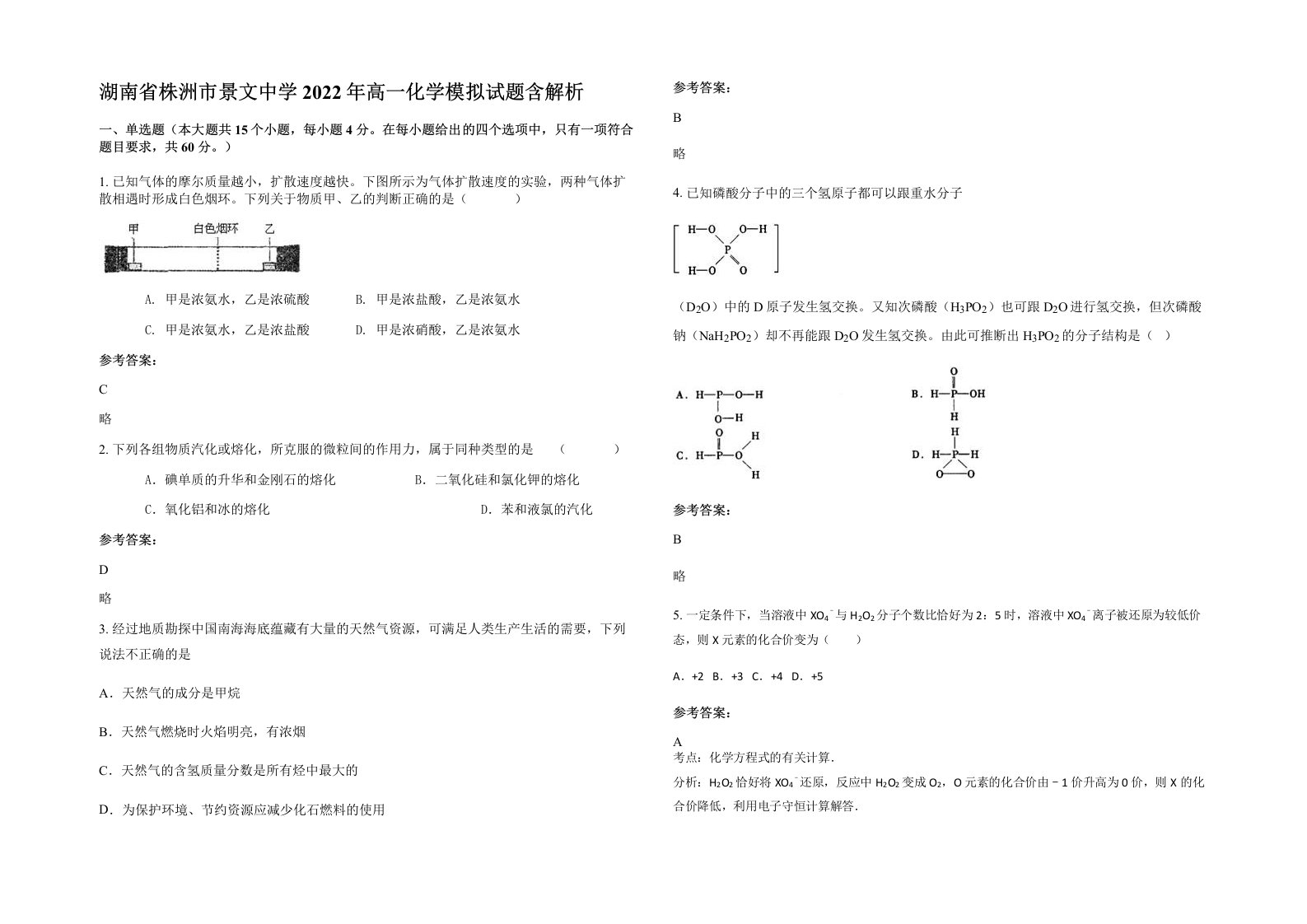 湖南省株洲市景文中学2022年高一化学模拟试题含解析