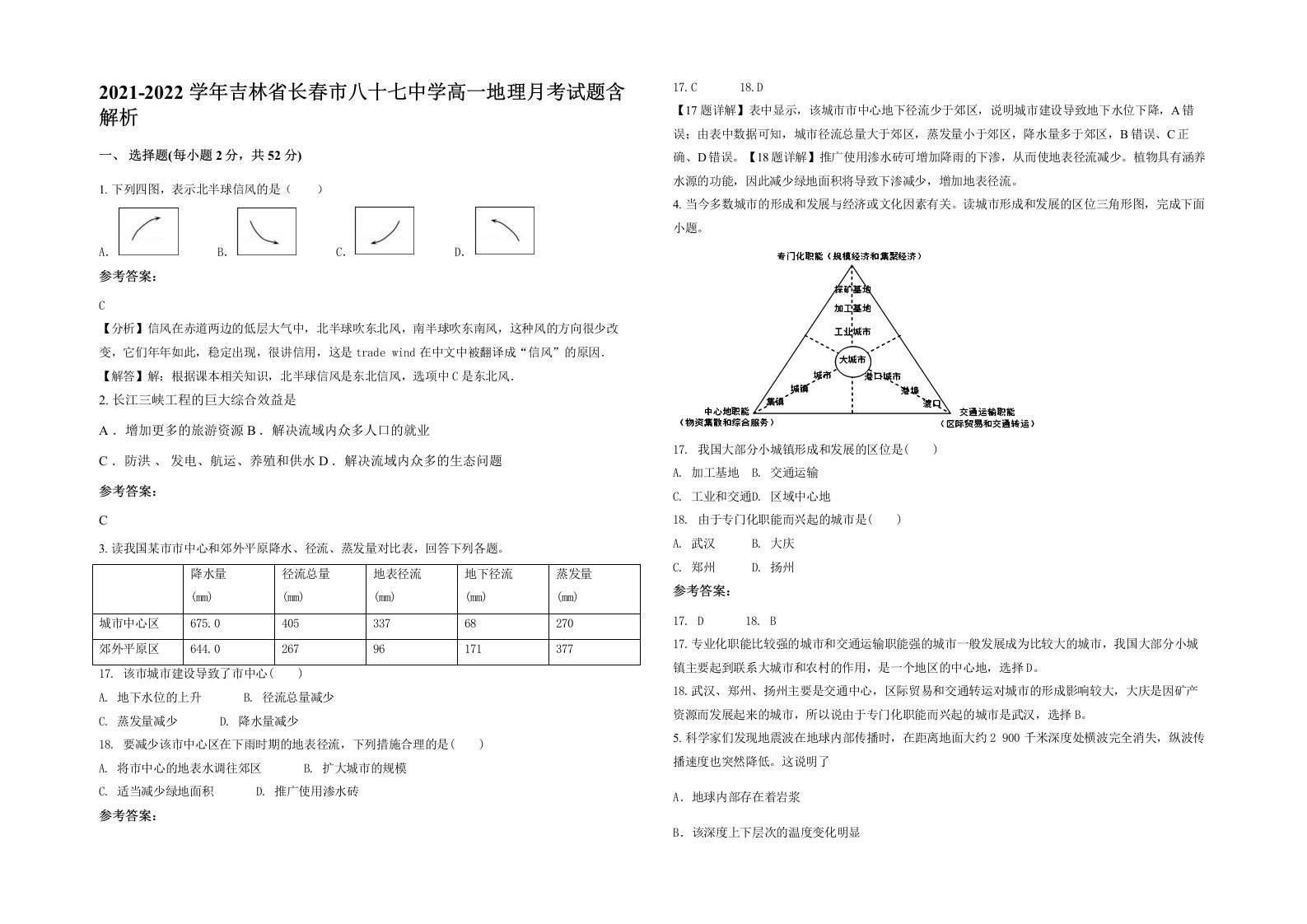 2021-2022学年吉林省长春市八十七中学高一地理月考试题含解析