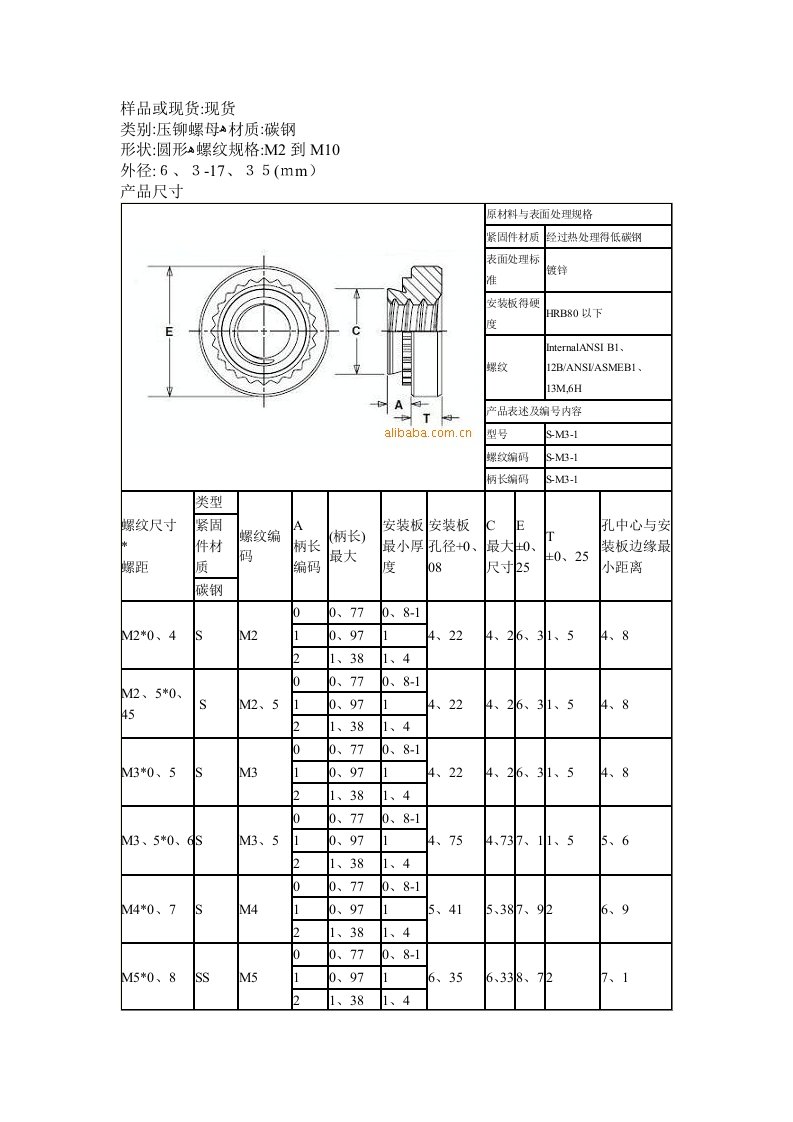 压铆螺母规格尺寸表