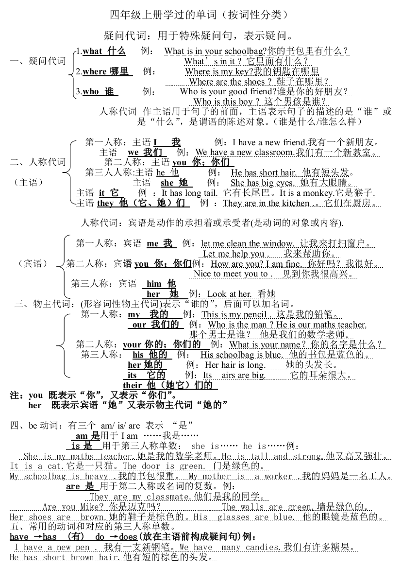 人教版小学四年级上英语学常用的单词及句子